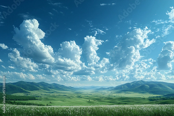 Fototapeta A breathtaking landscape featuring rolling green hills, a vast sky adorned with fluffy clouds, and a serene atmosphere that invites tranquility and peace.