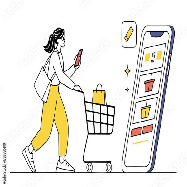 Fototapeta Woman with shopping cart using smartphone and large screen