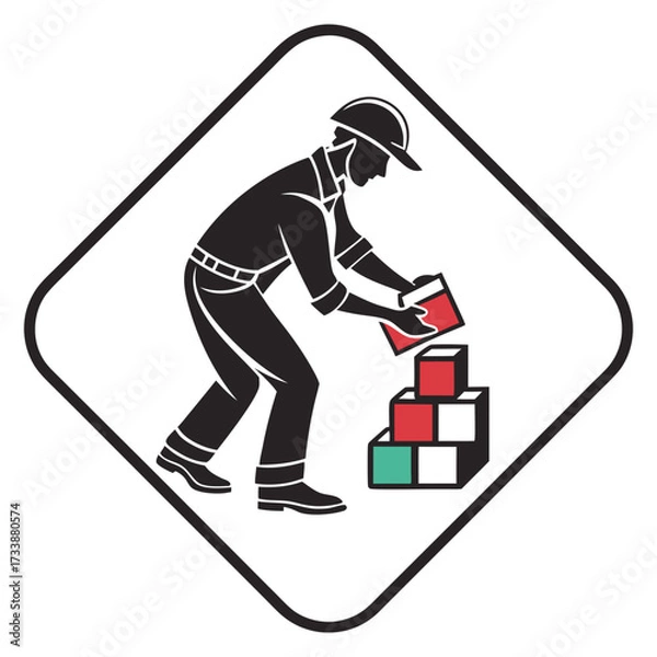 Fototapeta Worker stacking colored blocks inside diamond frame