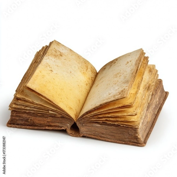 Fototapeta An old, weathered book with yellowed pages open, a symbol of knowledge and history