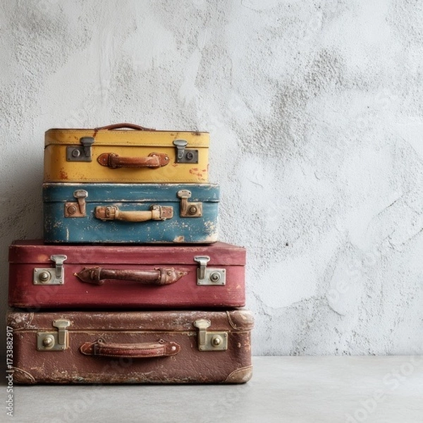 Fototapeta Vintage luggage stacked on top of each other, ready for travel. The suitcases have different colors and textures, creating a sense of history and adventure