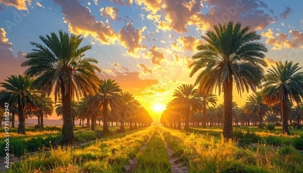 Fototapeta Realistic Date Palm Grove with Golden Sunset Sky