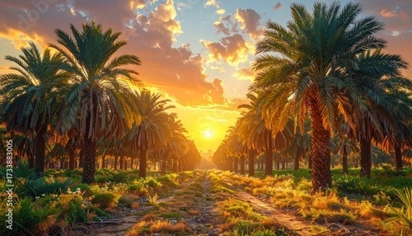 Fototapeta Realistic Date Palm Grove with Golden Sunset Sky