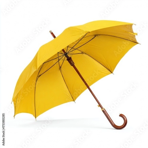 Fototapeta A bright yellow umbrella. The umbrella is fully open, and has a wooden handle