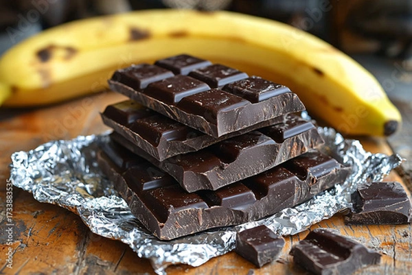 Fototapeta A tempting display of stacked dark chocolate bars wrapped in foil, with a ripe banana in the background, showcasing a delicious pairing of flavors.