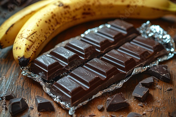 Fototapeta A delightful arrangement of rich dark chocolate bars wrapped in foil, next to ripe bananas on a wooden surface, creating a tempting snack setting.