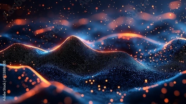 Obraz Abstract digital landscape with blue & orange particles, flowing, glowing