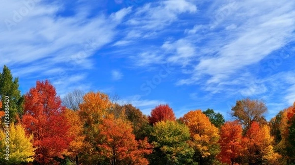 Fototapeta The colorful autumn trees under the blue sky showcase the beauty and diversity of the autumn landscape, displaying the transition of leaves from green to red, yellow, orange, pink, and deep purple.