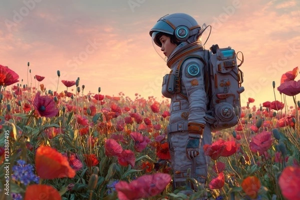 Fototapeta Young Female Astronaut in Space Suit Standing in Vibrant Flower Field at Sunset
