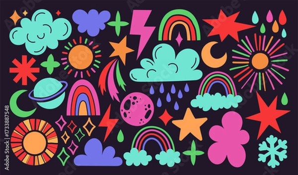 Fototapeta Set of doodle symbols of space, cosmos, weahter. Cartoon stickers.  Galactic, planets, sun, rainbow, clouds elements.