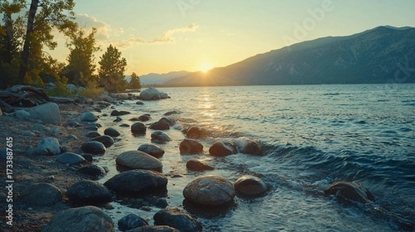 Obraz Lakeside sunset with rocks and mountains reflected in calm water. Golden hour