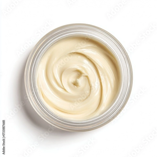 Fototapeta A close-up overhead view of a jar of cream with a swirl texture