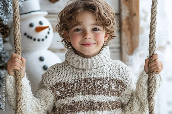 Fototapeta A cheerful child swings while wearing a cozy knitted sweater, with a friendly snowman in the background, creating a delightful winter atmosphere.