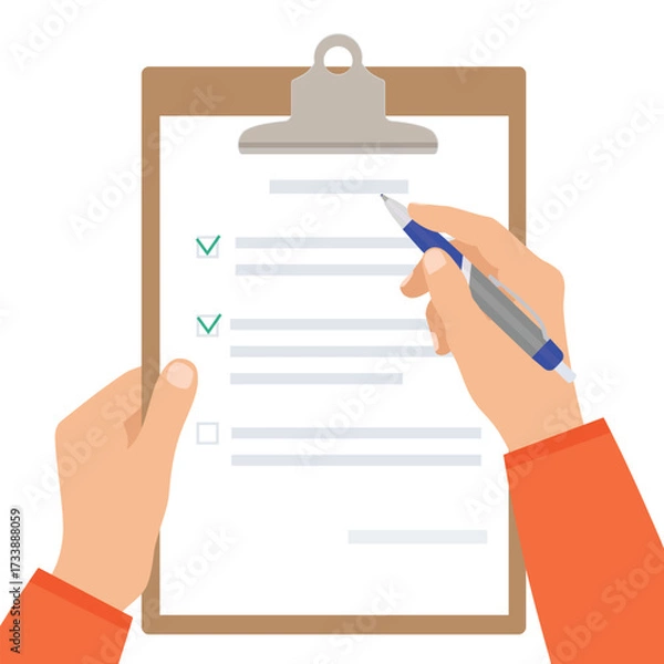 Obraz Hands holding clipboard with checklist, green check marks and pen