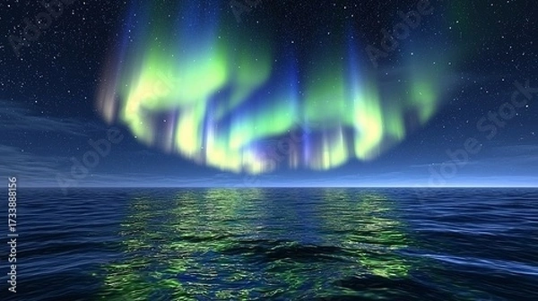 Obraz Colorful aurora borealis dances above tranquil ocean, reflecting the vibrant lights