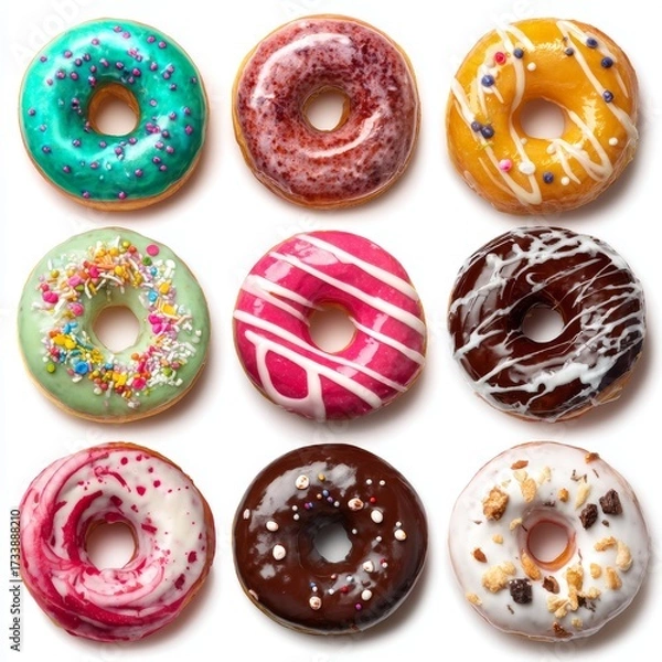Fototapeta A delightful assortment of colorful donuts, each uniquely decorated and appealing to the eye. The donuts look delicious and enticing