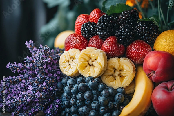 Fototapeta A vibrant arrangement of various fruits, including strawberries, bananas, blueberries, and blackberries, interspersed with lavender, capturing freshness and color.