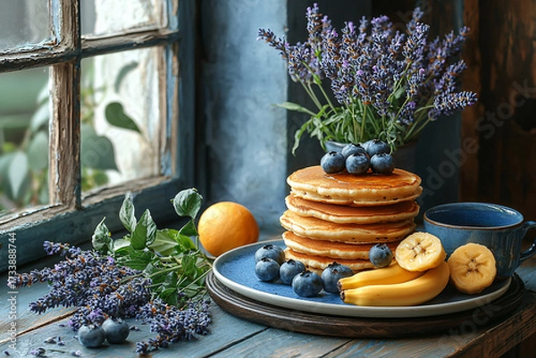 Fototapeta A delightful stack of pancakes topped with fresh blueberries, surrounded by bananas, oranges, and lavender flowers, set against a cozy window backdrop.