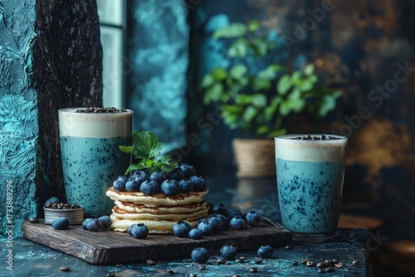 Fototapeta A delicious stack of pancakes topped with fresh blueberries, surrounded by two glasses of smoothie, set against a textured blue backdrop, creating a cozy atmosphere.