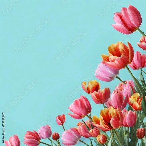 Fototapeta Vibrant tulips in full bloom, gracefully arranged against a refreshing light blue background. The bright colors and delicate petals evoke a sense of spring
