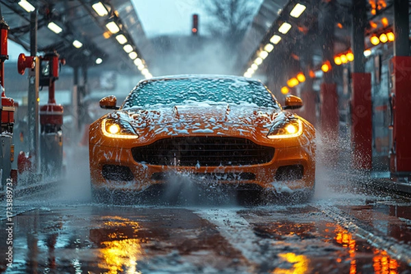Fototapeta An orange sports car emerges from a wash, surrounded by splashes of water and foam. The scene captures the dynamic and vibrant energy of a car care facility.