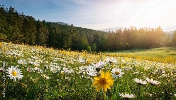 Fototapeta White And Yellow Flower Meadow With Forest And In The Background