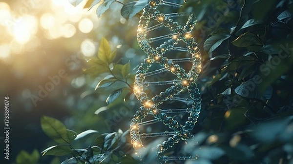 Obraz Glowing DNA helix amidst lush green leaves, sunlight filtering through