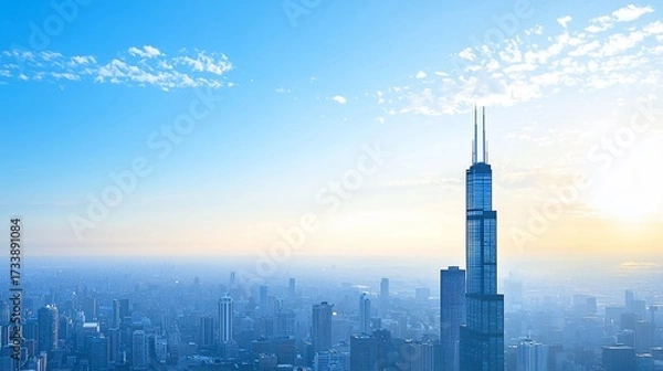 Obraz Towering skyscraper piercing the blue sky over a dense city skyline