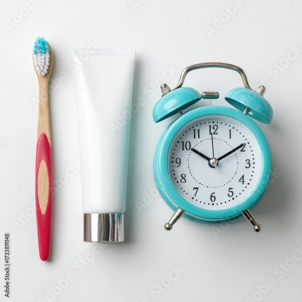 Fototapeta Dental hygiene essentials: toothbrush, toothpaste, and a clock, showing a routine that indicates the importance of dental care.