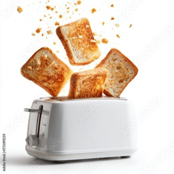 Fototapeta Toasted bread slices are popping out of a modern toaster with some crumbs, captured in a dynamic composition. It presents a fresh, appetizing start to the day, or breakfast time. 