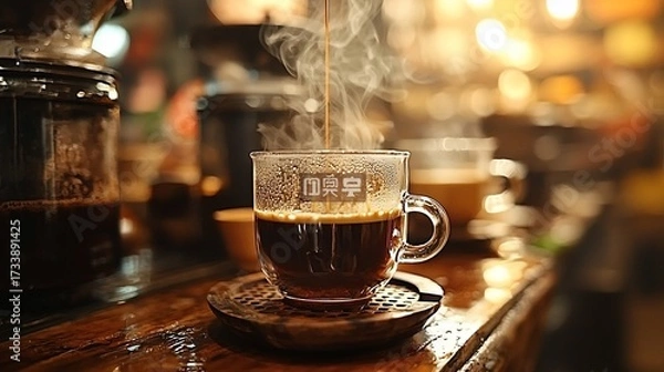 Obraz Freshly brewed coffee steaming into a clear glass mug, warm cafe ambiance