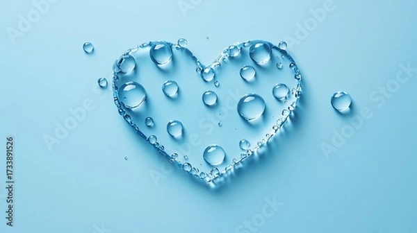 Obraz Water droplets forming a heart shape on a light blue background