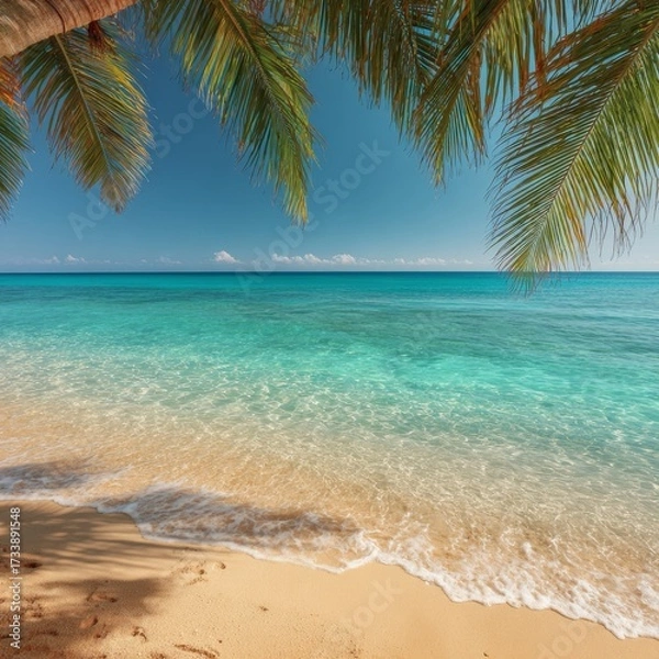 Fototapeta Paradise found: A breathtaking view of a tropical beach with crystal clear turquoise water, gentle waves, and swaying palm fronds overhead