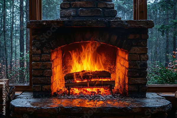 Fototapeta A cozy fireplace with roaring flames, surrounded by a rustic stone structure. The tranquil forest view outside creates a serene atmosphere. Perfect for relaxation.