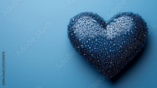 Obraz Blue heart shape covered in water droplets on a vibrant, monochromatic background