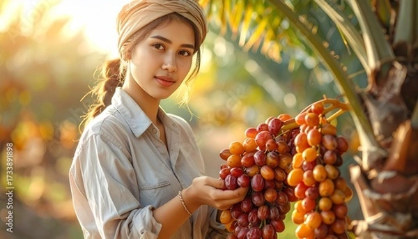 Fototapeta Realistic Farmer Harvesting Date Palm Fruits in Orchard