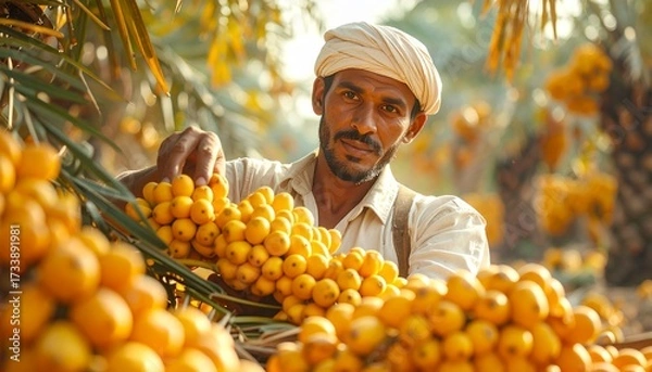 Fototapeta Realistic Farmer Harvesting Date Palm Fruits in Orchard