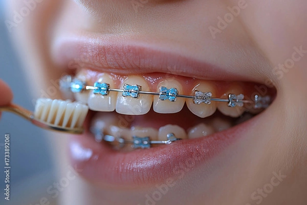 Fototapeta A close-up of a smiling person with braces, highlighting dental hygiene. They're brushing their teeth effectively, emphasizing the importance of care while wearing braces.