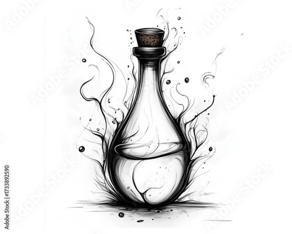Fototapeta Ornate flask with liquid and tendrils illustration, black and white, conveying natural essence and alchemy with copy space