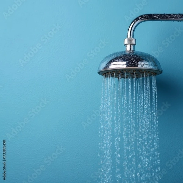 Fototapeta A refreshing shower head with water cascading down, set against a captivating blue backdrop. The image creates a sense of cleanliness and revitalization