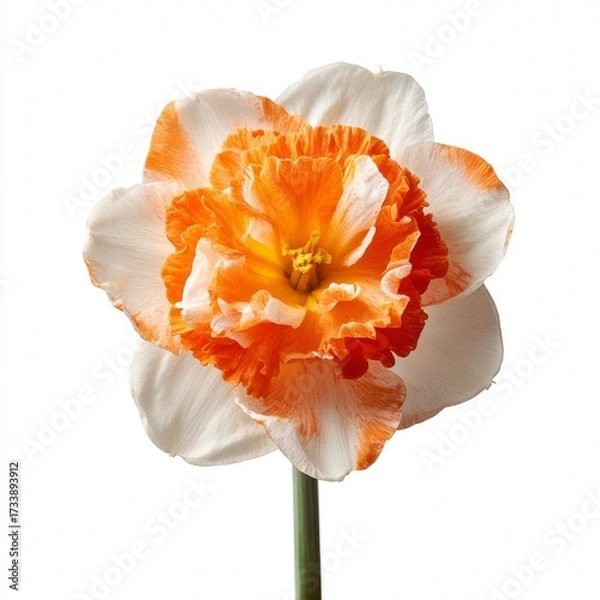 Fototapeta A close-up shot of a beautiful white and orange daffodil flower, showcasing its intricate petals and vibrant colors. The flower is presented against an elegant backdrop