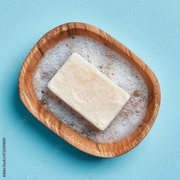 Fototapeta A soap bar in a wooden bowl filled with bubbles