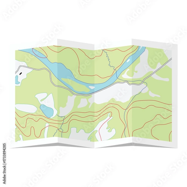 Fototapeta Folded topographic map, isolated on white background