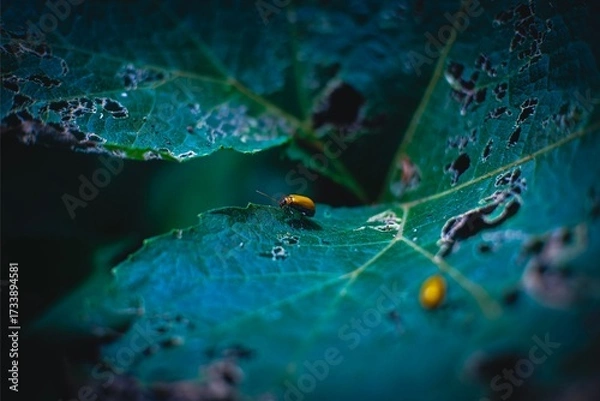 Obraz Yellow Leaf Beetle on Green Leaf Macro Photography