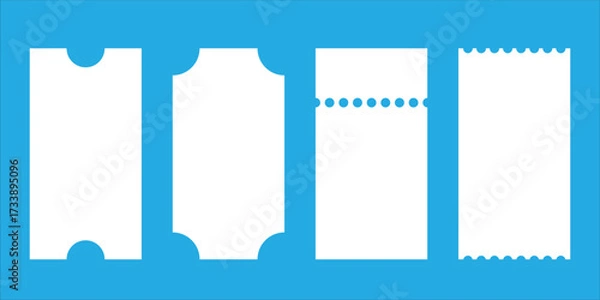Fototapeta Set of white ticket mockups with ruffle edges. Empty template. Concert, movie or theater ticket. Boarding blank, lottery, sale coupon