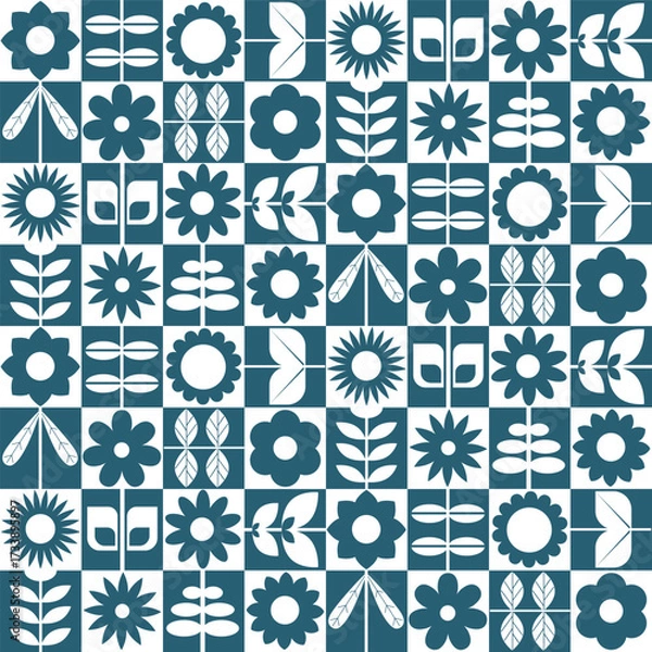 Obraz geometric checkerboard with geo abstract blooms flowers leaves foliage in dusty blue and white seamless pattern, vector illustration repeat mid mod design print