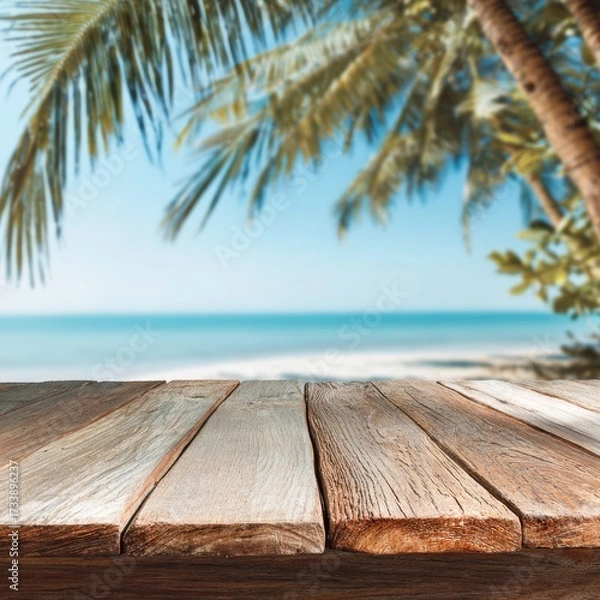 Fototapeta A wooden table is the focal point in front of a blurred, tropical beach with palm trees. The scene evokes a sense of relaxation and tranquility