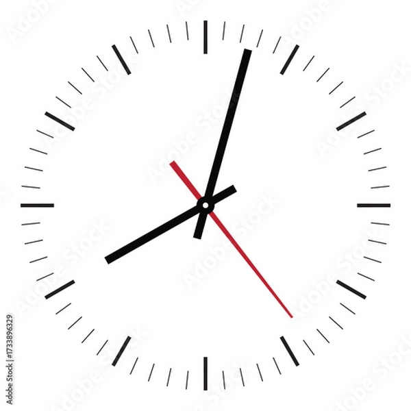 Fototapeta Elegant wall clock, isolated on white background. Clock on wall shows eight o'clock. Slim round analog clock