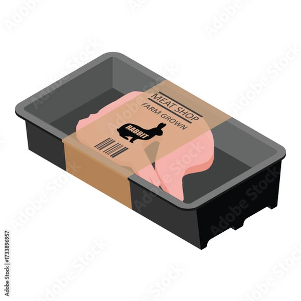 Fototapeta Package with fresh raw rabbit or hare meat, isolated on white background