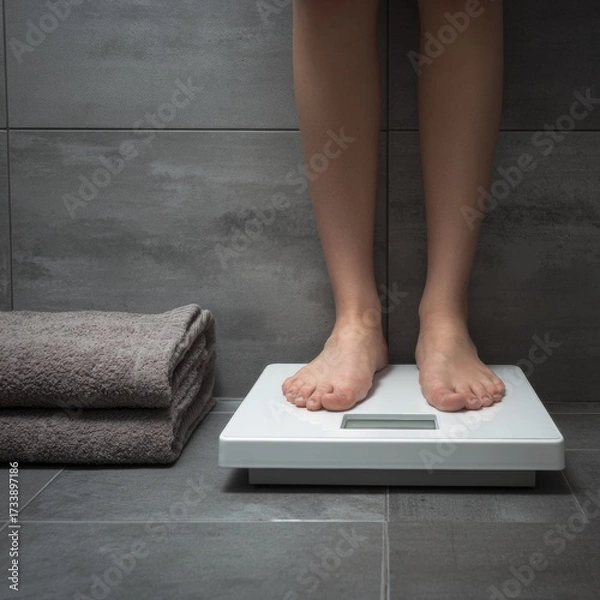 Fototapeta A person standing on a scale weighing themselves with a towel nearby in the bathroom. It is an intimate scene